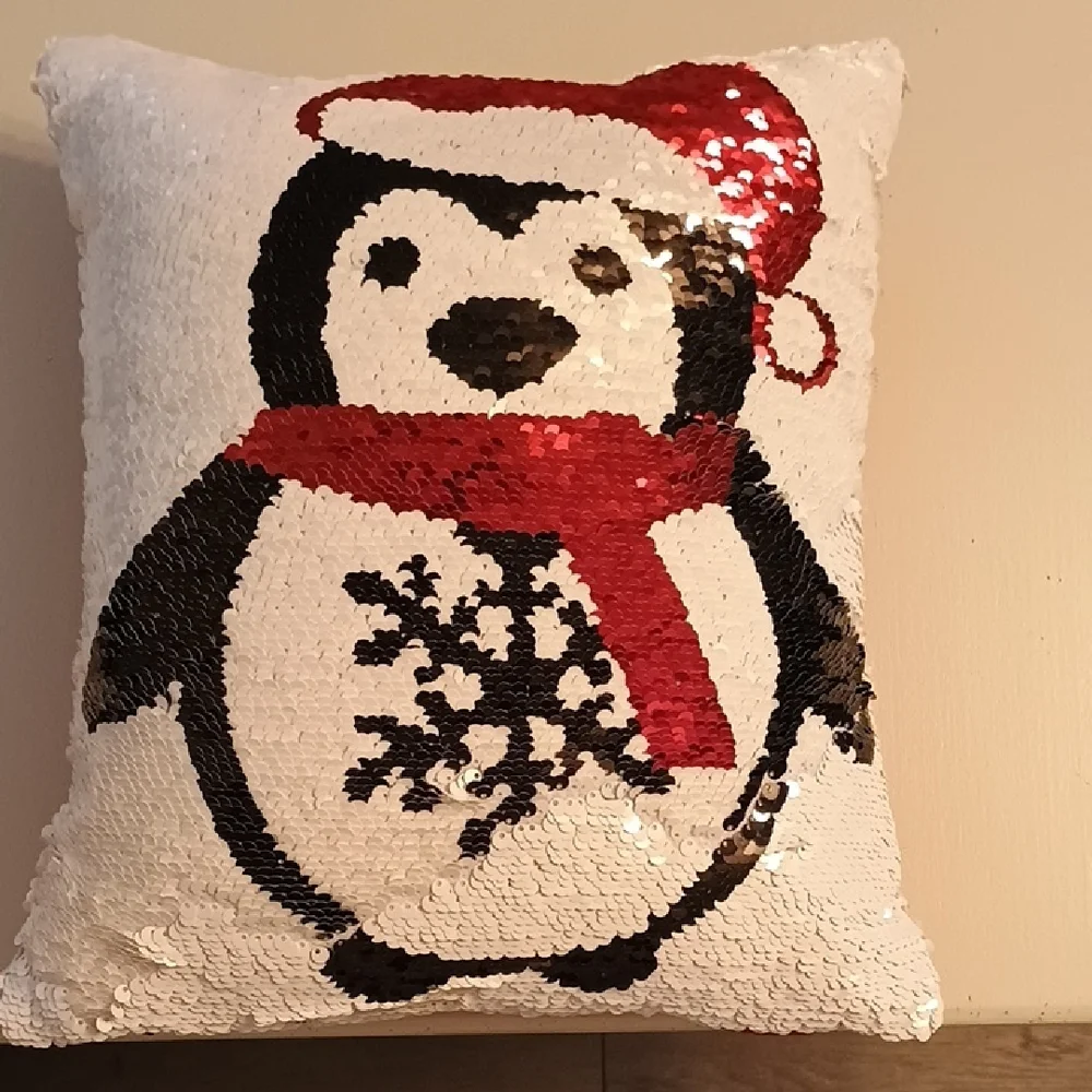 Pier 1 Festive Penguin Sequin Pillow-Double Sided- Red, Black, White